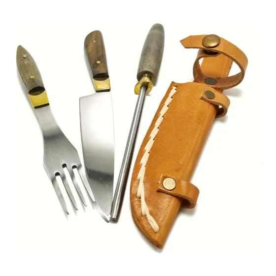 Juego Cuchillo Tenedor Y Chaira Acero Asado Parrilla Y Vaina
