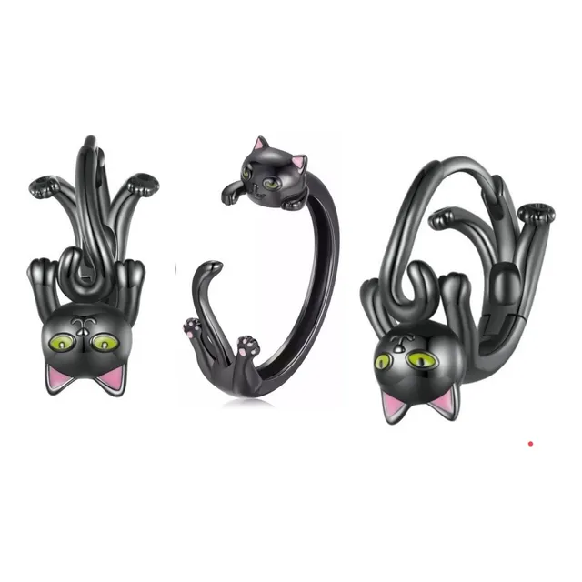 Juego Anillo Ajustable Y Aretes Gato Mujer En Plata 925 Conj