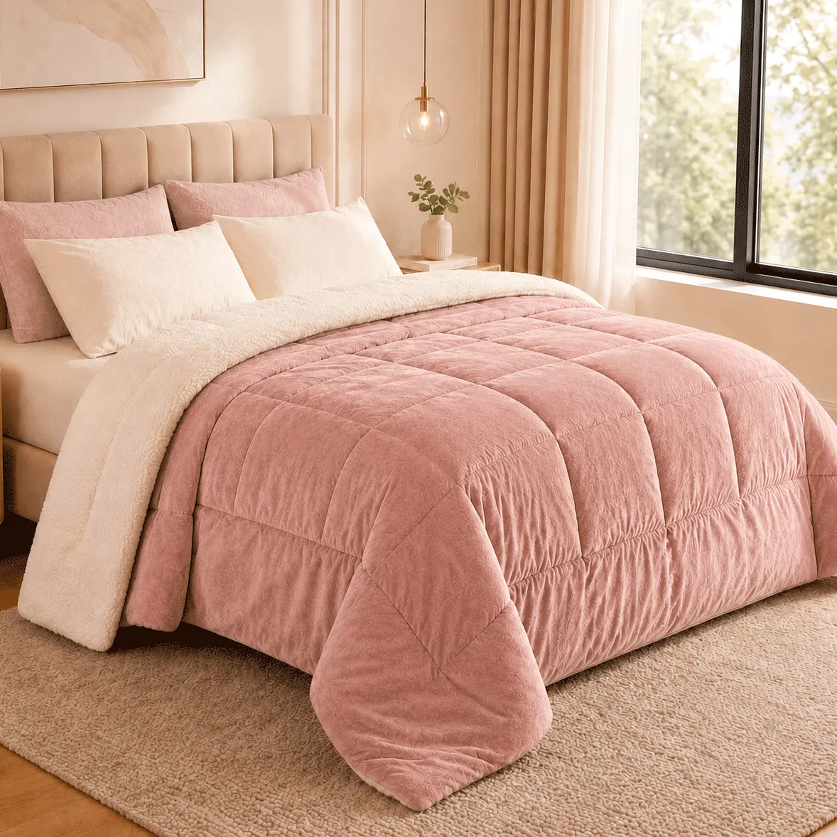 Coberdrom Queen na cor rose, com um lado em plush liso e o outro em sherpa felpudo, estendido sobre uma cama com travesseiros e almofadas em um quarto decorado.