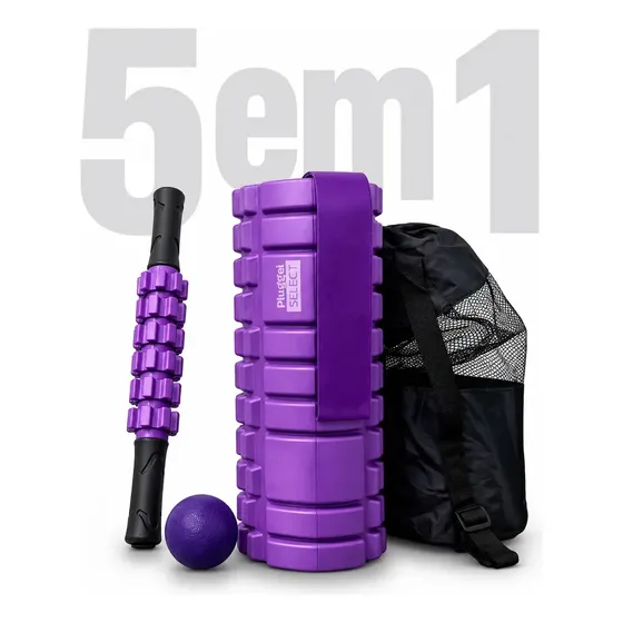 Kit 5 em 1 Rolo + Bastão Liberação Miofascial Massagem + Bola Lacrosse + Band Alongamento