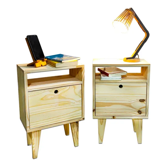 Mesitas De Luz Mesa Madera Vintage Nordica Retro Pack X2 Acabado Rústico Color Marrón Claro