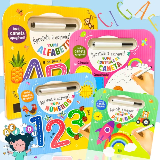 Coleção Livro Infantil Aprenda A Escrever Com Caneta Mágica Apagável Caligrafia Números Primeiras Palavras