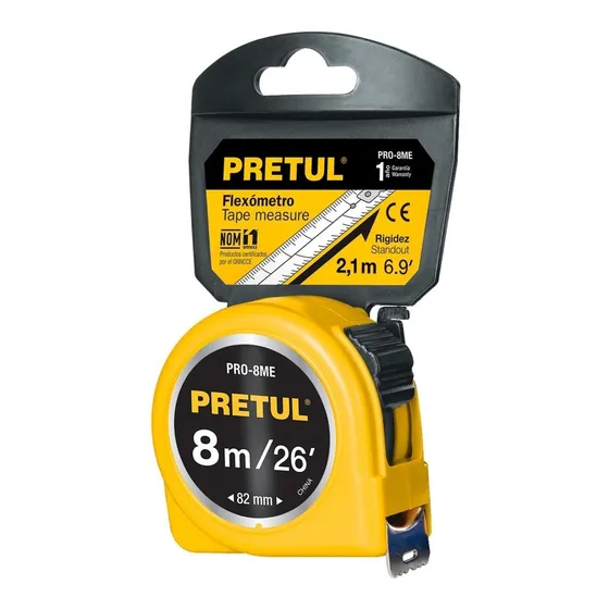 Flexómetro, Amarilla, 8 Metros, Cinta 25 Mm, Pretul 21603