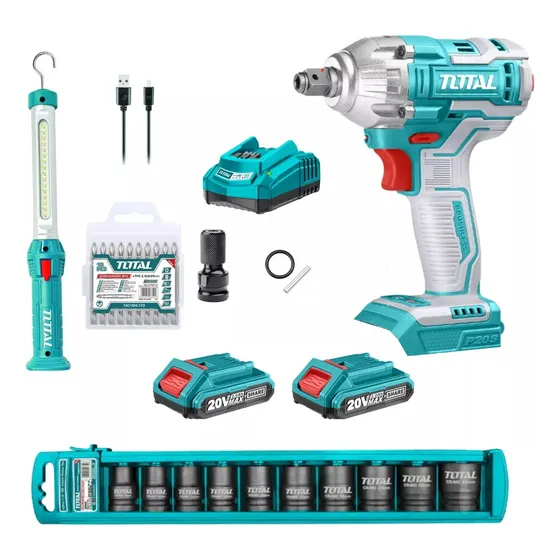 Kit Llave de Impacto 20v Lampara Dados y Puntas Total Color Turquesa 220v TOSLI231004