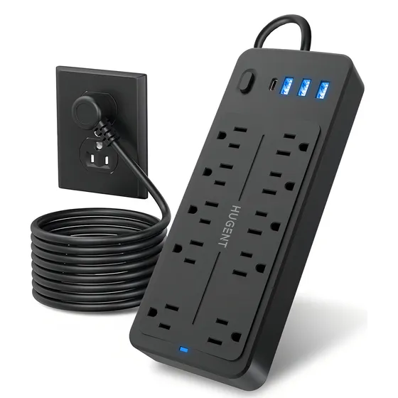 Multicontacto de 14 tomas HUGENT EL-100 con usb color negro largo del cable de 1.2m 15A 127V