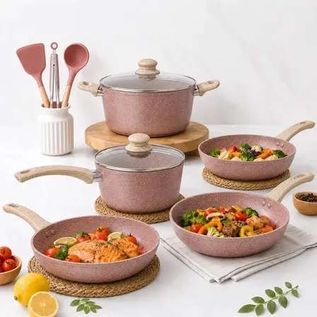 Batería De Cocina De Antiadherente Cerámica Sartenes 14 Pcs Medical Stone Compatible Para Inducción Y Gas Color Rosa