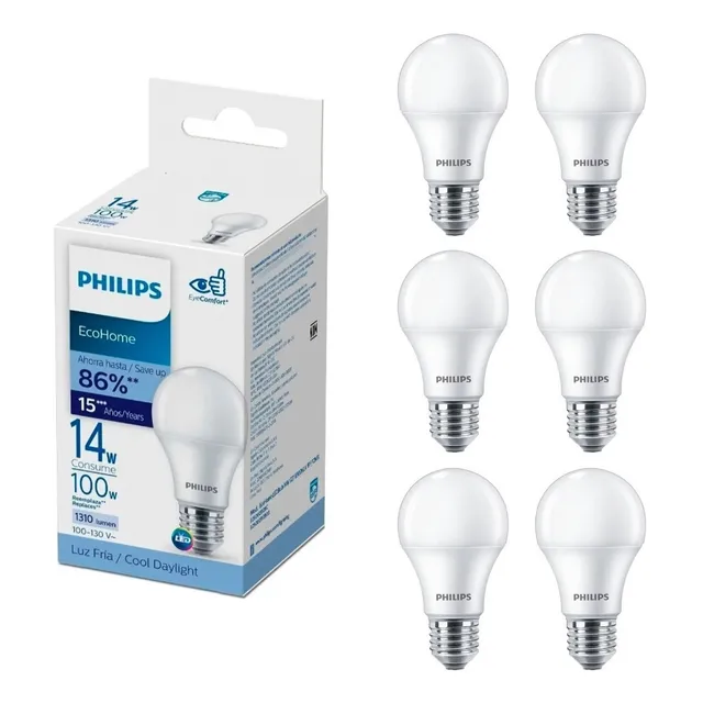 Paquete De 6 Focos 14w Led Philips 6500k Luz Fría