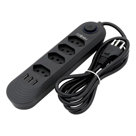 Extensão Régua Com 4 Tomadas 3 Usb 2.1a Carregamento Celular Cor Preto