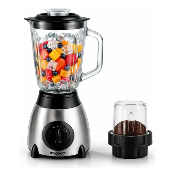 Licuadora Novohome 1.5 Lts Jarra De Vidrio 5 Velocidades 900w Pica Hielo Pico Vertedor Con Molinillo De Café Y Semillas Cuchillas Acero Inoxidable