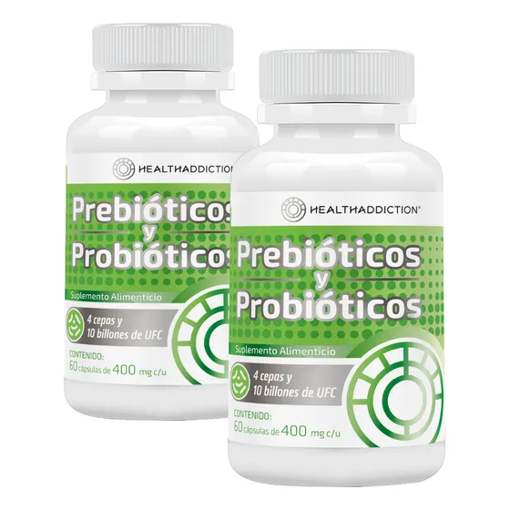 Healthaddiction - 2 Pack Probióticos Y Prebióticos Fórmula Avanzada Con 4 Cepas 10 Billones De Ufc Y Cápsulas De Absorción Entérica Sin Gluten Sin Lactosa Sin Azúcar 120 Cápsulas
