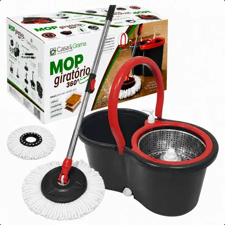 Mop Giratório 13l Cesto Inox Cabo Longo 156cm Ajustável 2 Refis Preto