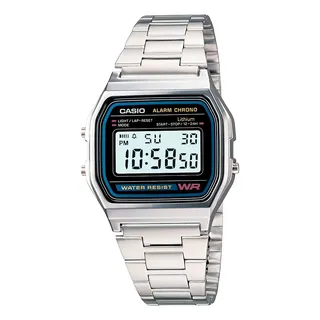 Reloj Pulsera Digital Casio A158 Con Correa De Acero Inoxidable Color Plateado - Fondo Gris/negro