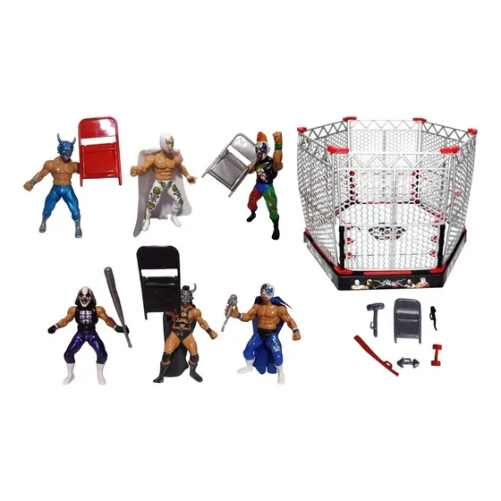 Ring De Lucha Libre Mexicana+jaula +6 Luchadores +accesorios