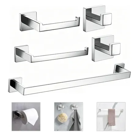 Kit Acessórios Banheiro Inox 304 5 Peças Quadrado Design Moderno, Antiferrugem E Alta Durabilidade Aço Inoxidável Porta Toalha Prata