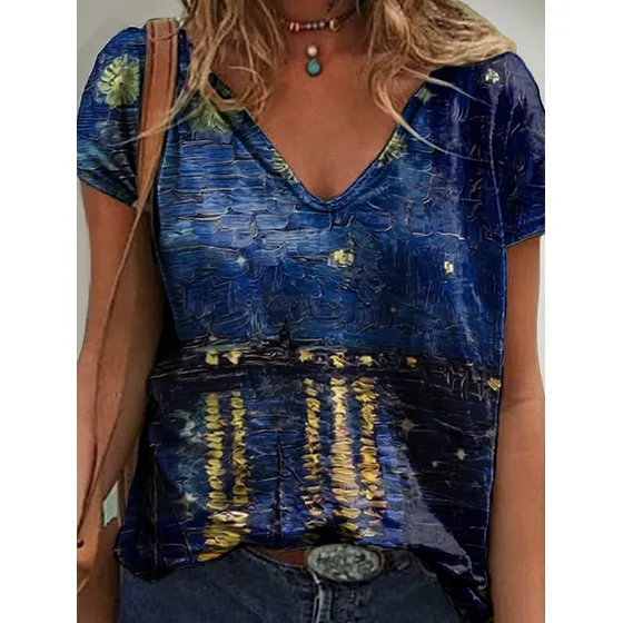 Camiseta Con Cuello En V Con Estampado De Cielo Estrellado