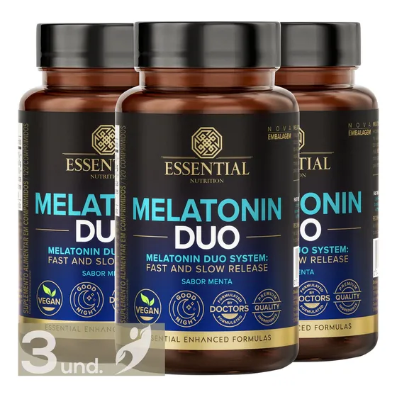 Kit 3 Melatonin Duo Essential Nutrition Suplemento Alimentar 120 Comprimidos Sabor Menta