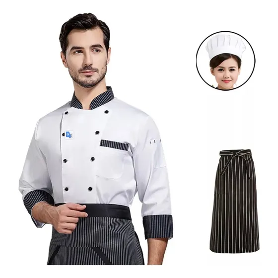 Chaqueta Chef Unisex Manga Larga Gorro Paliacate Mandil 3pcs