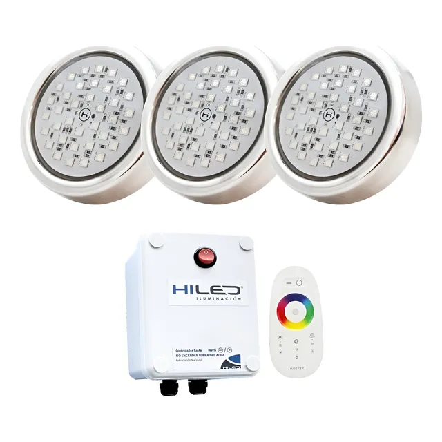 3 Luces Para Pileta Led Rgb 12w +fuente+control Remoto