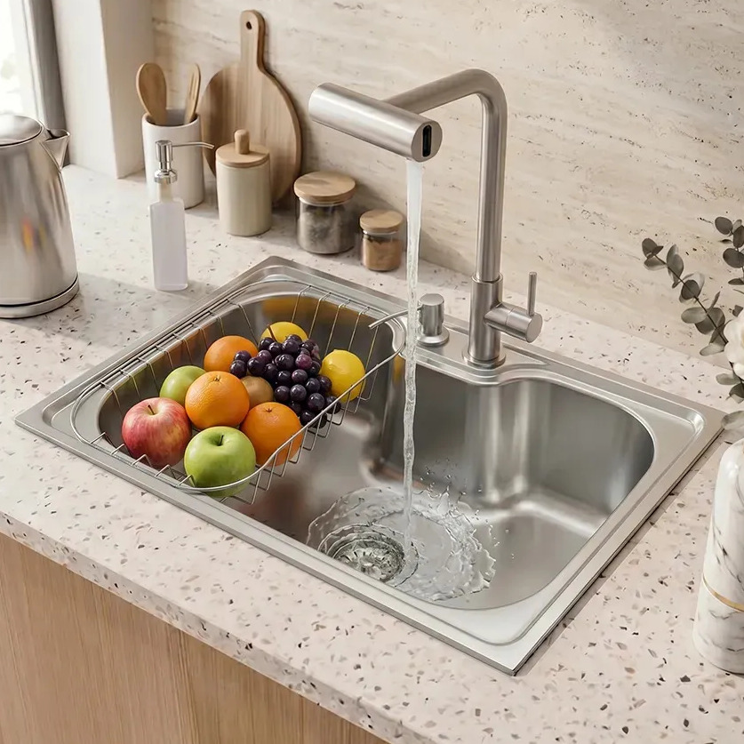 Cuba Gourmet Cozinha Inox 304 50x40cm Escovada Embutida ou Sobreposta Kit Completo com Torneira Multifuncional 4 Jatos, Cesto Escorredor e Dosador de Sabão