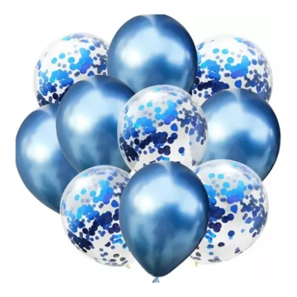 Kit Globos Cromado  R12 + Globos Con Confeti R 12 Azul