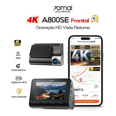 Câmera Veicular 70mai 4K HDR A800SE para Carro com GPS Visão Noturna F1.55 WiFi ADAS APP 3" Tela Dash Cam Supercapacitor Monitoramento de Estacionamento 24H 140° Bluetooth Até 512GB Imagem em Imagem