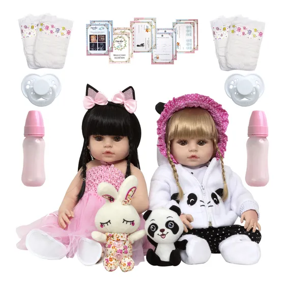 Kit Boneca Reborn Gêmeas Enxoval Panda Coelha Baby Itens
