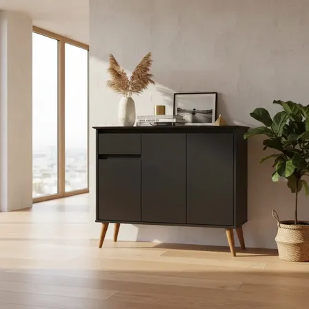 Buffet Aparador Com 3 Portas 1 Gaveta Balcão Sala Cozinha Preto