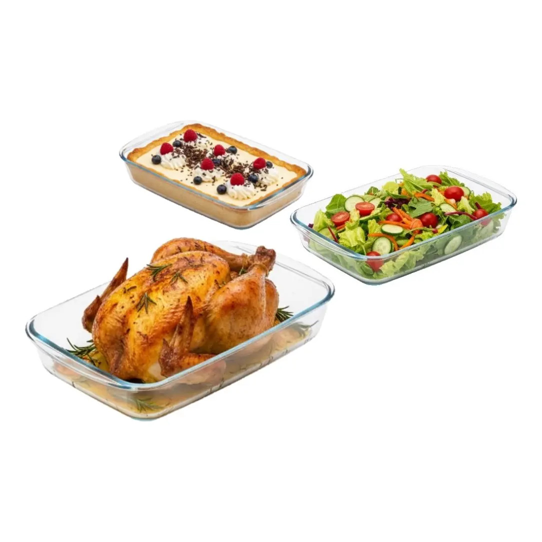 Kit 3 Travessas Retangulares De Vidro Borossilicato 1l, 1.6l E 2.2l Yikasa