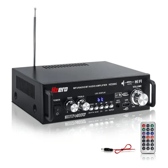 Amplificador Audio Estéreo Mini HZERO HZ298C para Casa 2.0 Canales con Potencia Máxima 600W Bluetooth FM USB y Mando a Distancia Cable de Alimentación 110V Color Negro