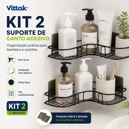 Vittak Kit 2 Porta Shampoo Sabonete Suporte De Canto Parede Banheiro Cozinha Prateleira Sem Furar Multifuncional Cor Preto
