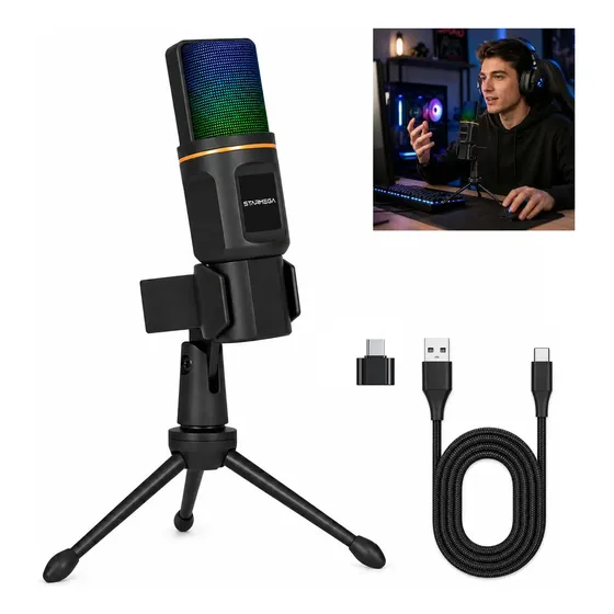 Microfone Condensador Usb Cardioide Rgb Para Gravação E Jogo
