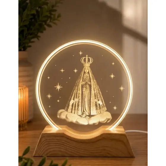 Luminaria De Mesa Nossa Senhora Aparecida Abajur Acrilico Com Base Led Decorativa Enfeite Catolico Presente Primeira Comunhao