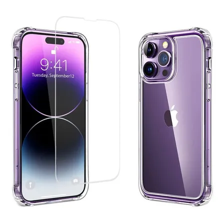 Carcasa Reforzada Antigolpes Transparente + Mica de Vidrio Templado Para iPhone 14 Pro Max (6.7'' - 3 Cámaras)