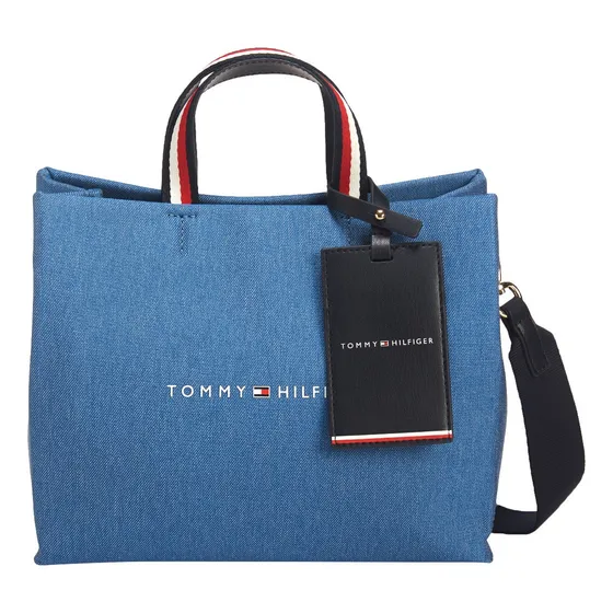 Tommy Hilfiger Bolsa Estilo Tote Moda Mujer Aw0aw17422 Acabado De Los Herrajes Níquel Color Indigo Denim Correa De Hombro Azul Mezclilla Diseño De La Tela Lisa