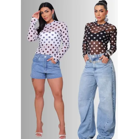 Kit 2 Blusas Tule Poá Transparente Gola Alta