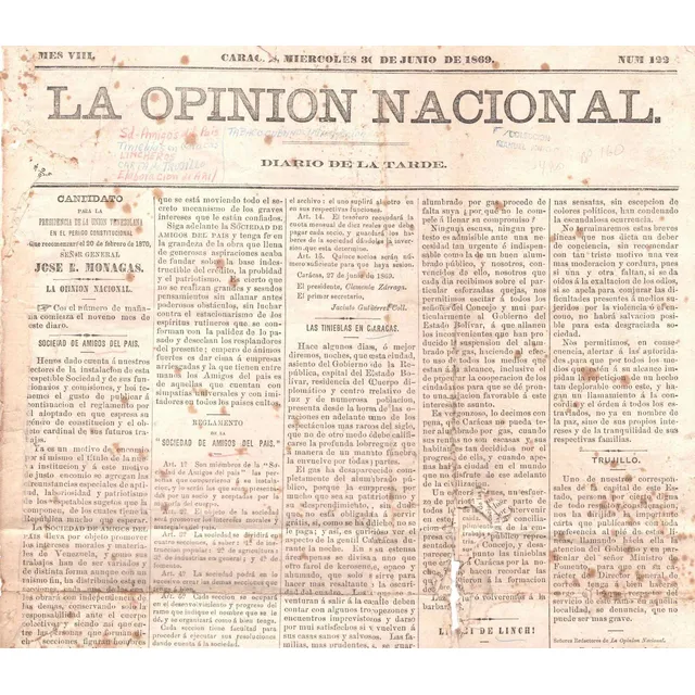 Opinion Nacional Antiguo Periodico Numero 122 Caracas 1869