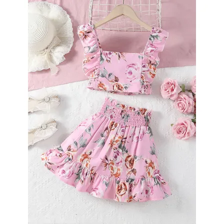 Conjunto Infantil Blusa E Saia Floral Menina Pink 7-8y