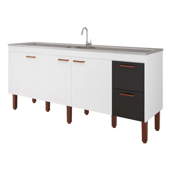 Balcão Armário Cozinha Gabinete Pia 180cm 100% Mdf Cor Preto E Branco