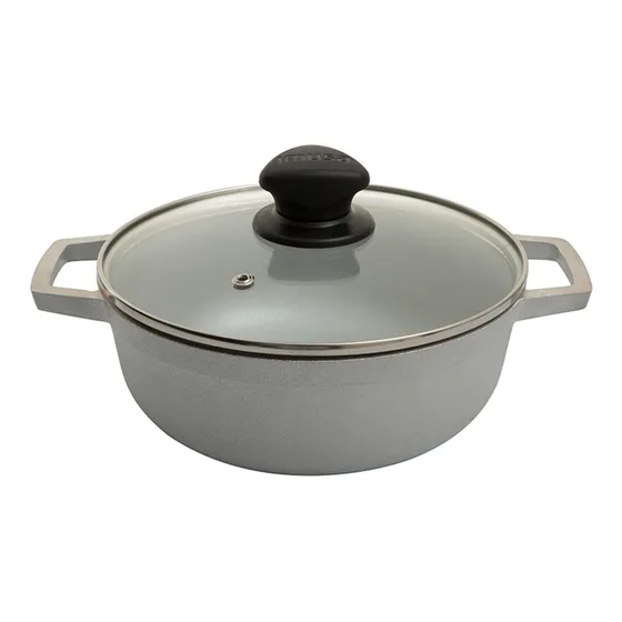 Caldero 30cm Aluminio Fundido Natural Con Tapa De Vidrio Color Gris