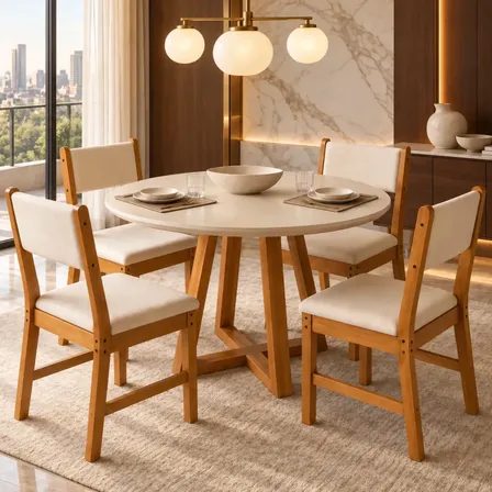 Sala de Jantar Mesa Redonda Valentina Off White Nature com 4 Cadeiras Lugano Freijó Marfim Estofadas Suede Sala Cozinha Moderna
