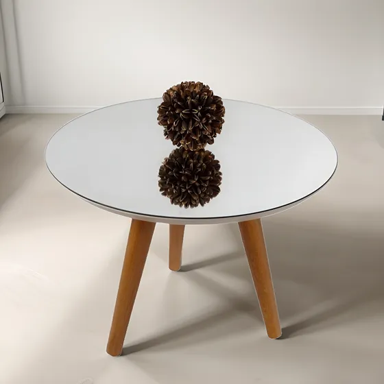 Mesa De Centro Com Espelho Redonda Pé Palito Tripé Cor Off White