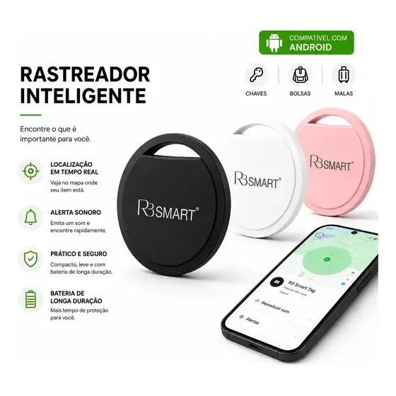 Smart Tag Android Rastreador Objetos, Chaves, Pet, Carro, Moto Certificado Google Preto Rb Smart