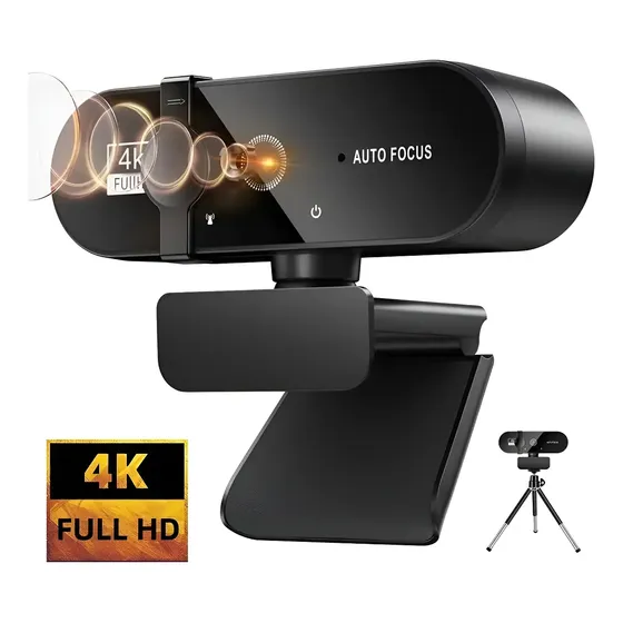 Webcam 4k Ultra Hd Auto Focus com Microfone Integrado Suporte Tripé USB Preto Camera Home Office Reunião Live