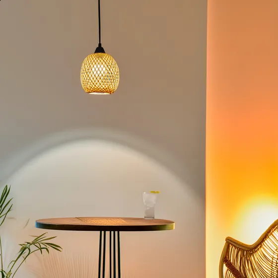 Pendente Em Bambu Rústico Pequeno Natural Lustre Redondo Led