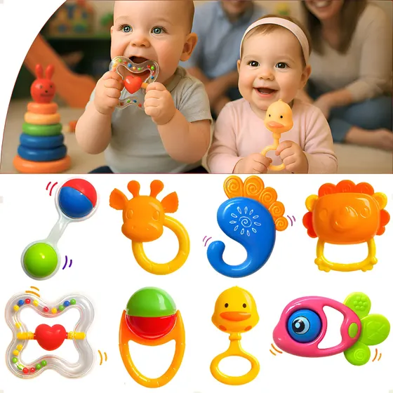 Kit Brinquedo Bebê 8 Pçs Chocalho Mordedor Musical Sensorial