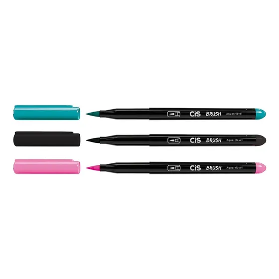 Kit 03 Canetas Pincel Marcador Brush Pen Cis A Cor Cor Preto + Rosa + Turquesa