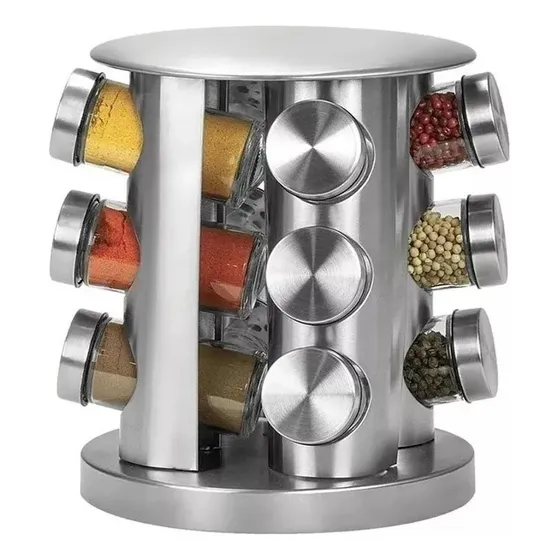 Kit Porta tempero giratório em aço inox 12 potes vidro Futuro Casa FUY428