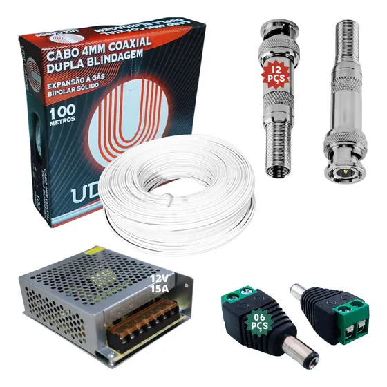 Kit Instalação 6 Câmeras Segurança Cabo + Conectores + Fonte