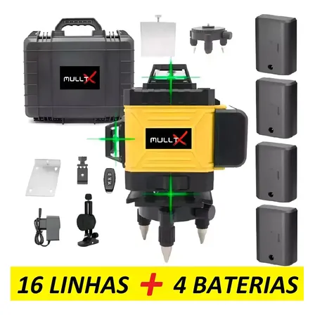 Nível Laser 4D MULLTX 16 Linhas Verde Recarregável 30m com Maleta e 4 Baterias