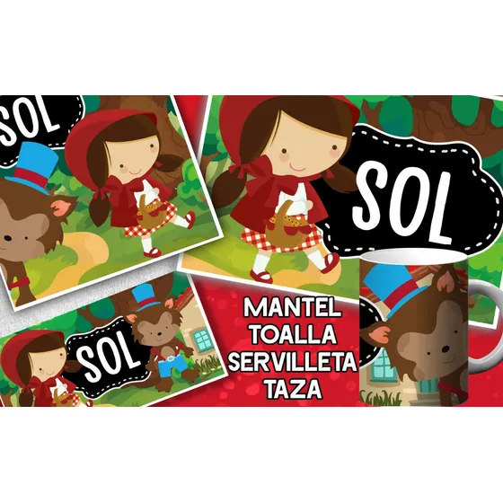 Set De Jardín Personalizado Taza, Mantel, Toalla, Servilleta Caperucita Roja